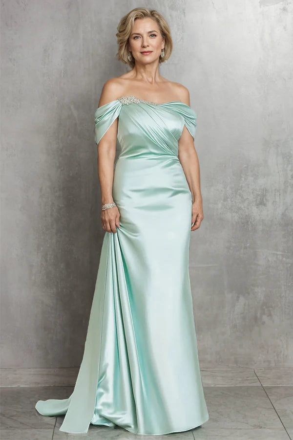 Sheath Satin Off the Shoulder Mint Long Mother of the Bride Dress